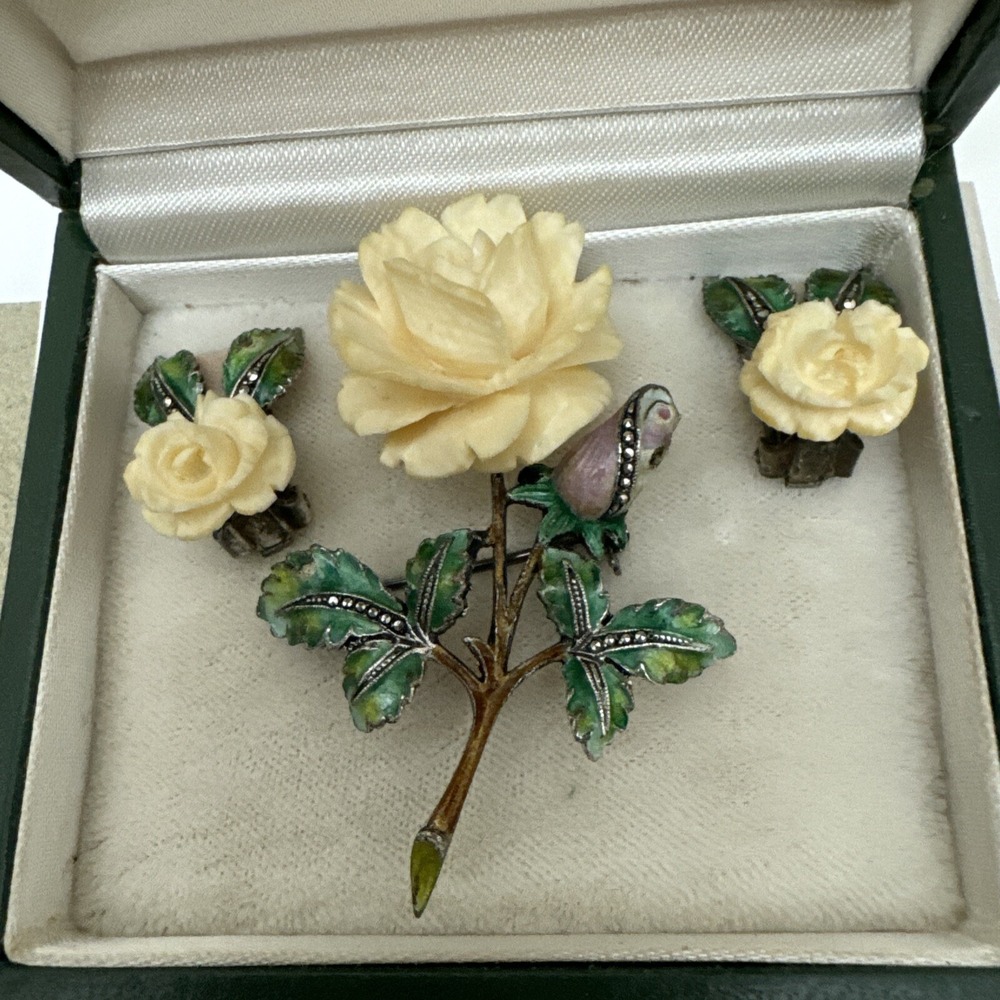 alice caviness Sterling Set Brooch & Earrings Enameled Stems Germany EUC